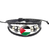 Zwart leren Palestina armband met metalen kralen en een Palestijnse vlag
